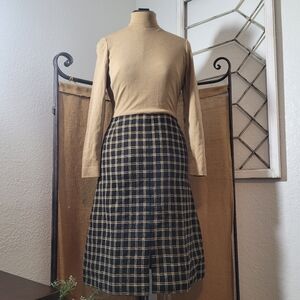 Vintage SEQUEL MOD  100% Wool Plaid Dress in Tan Plaided Skirt with Long-Sleeves